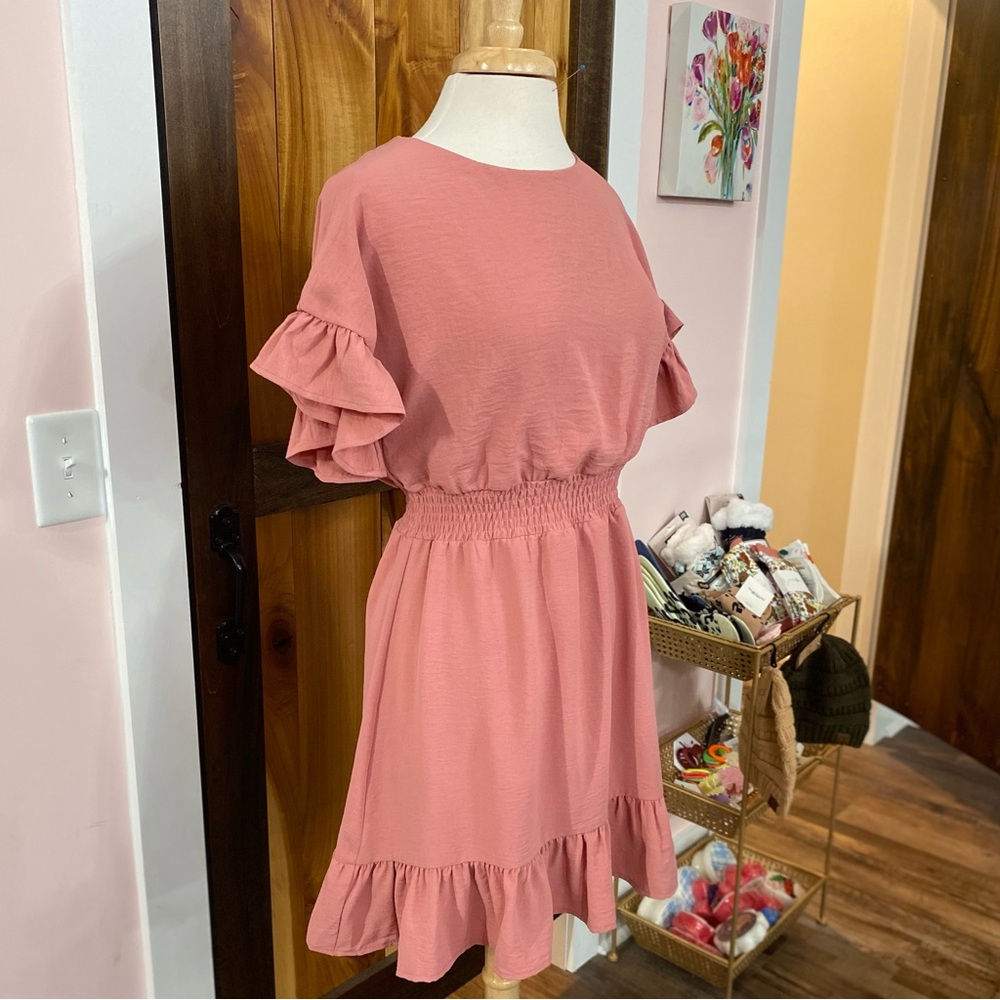 S Rose Pink She + Sky Dress w/ Smocked Waist & Ruffled Hem and Sleeves